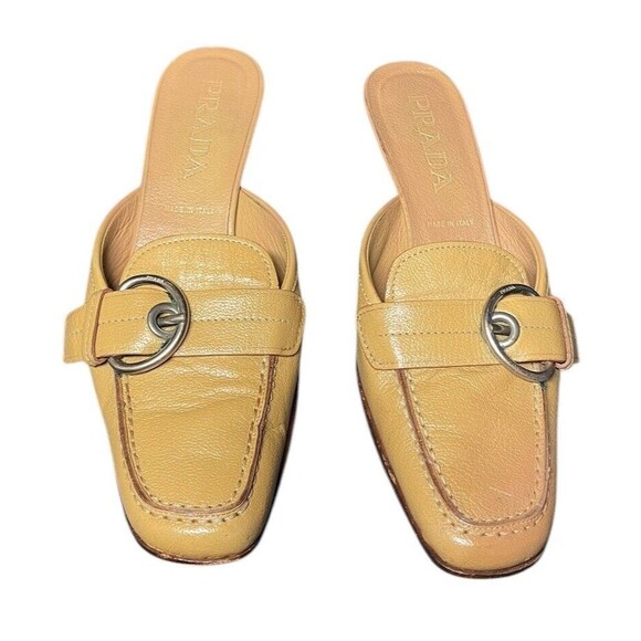 Vintage PRADA 2000’s Tan Pumps Kitten Heels Mules Size 36.5 Y2k Buckle - Picture 2 of 16